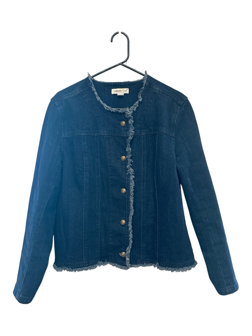 Coldwater Creek Dark Blue Denim Jacket with Frayed Trim & Metal Buttons Medium